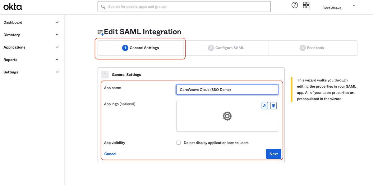 The Okta IDP configuration page